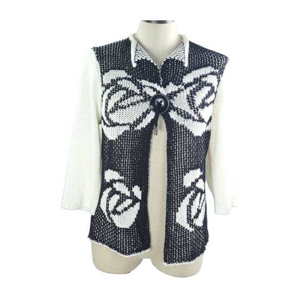 Moffi International Women sz L One button Cardigan Knit Black White - Picture 1 of 9